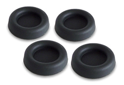 An image of Anti-vibration replacement low-profile 'AcoustiFeet' - image showing a set of 4 ACF3007-25B (in Matt Black) upsidedown, with self-adhesive side of the foot hidden. 'AcoustiFeet' can help to decouple the casing from the floor or desk and reduce vibration transmission and therefore unwanted noise generation due to vibrations.