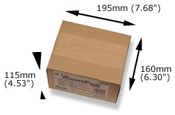 AcoustiPack™ EXTRA kit packaging. Image shows a printed brown cardboard package, with product label, and 'AcoustiPack' logo. The external dimensions are shown.