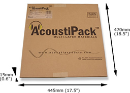 AcoustiPack™ LITE kit packaging. Image shows a printed brown cardboard package, with product label, and 'AcoustiPack' logo. The external dimensions are shown.