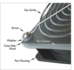 Image showing 120mm Black PC cooling fan fitted with a soft clear silicone fan gasket. The gasket screws are long enough to allow the fitting of a fan grille to the outside of the case - which is shown in the foreground.